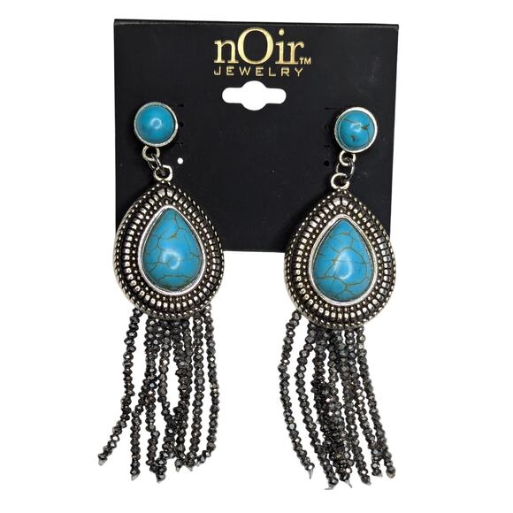 Turquoise Teardrop Dangle Fringe Earrings - Picture 1 of 8